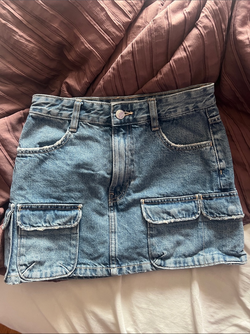 Denim Mini Skirt with Front Cargo Pockets - Light Blue